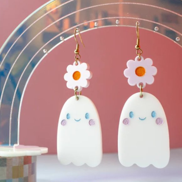 Ghost Flower Floral Earrings Cute Spooky Halloween - Picture 1 of 4